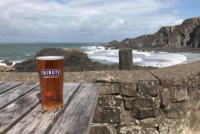 A pint of Tribute on a bench overlooking the sea at The Wreckers' Retreat