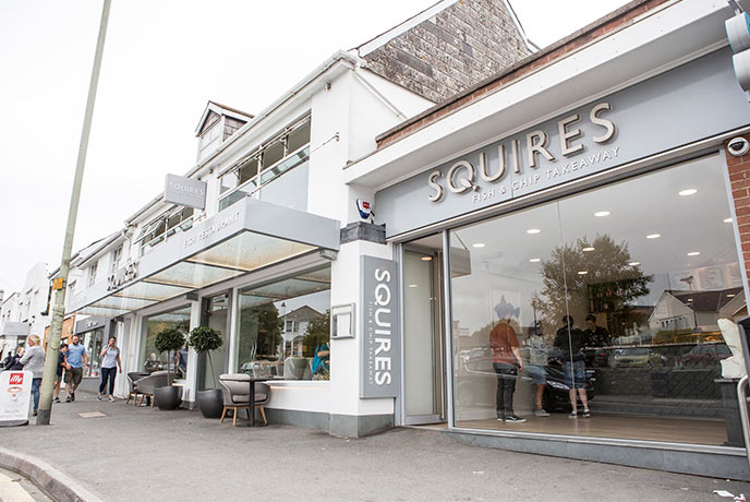 The modern exterior of Squires Fish Restaurant, one of the best fish and chips in Devon