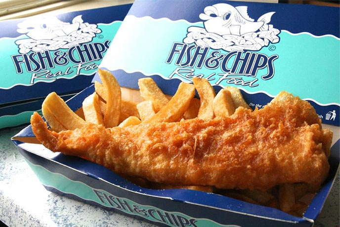 A takeaway box full of fish and chips from Budleigh Fish and Chips