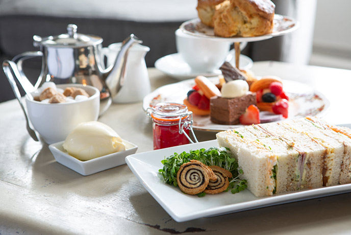 A collection of cakes and sandwiches on offer with the afternoon tea at Mill End Hotel on Dartmoor