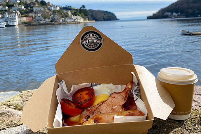 A tempting full English breakfast takeaway with coffee by the water in Dartmouth
