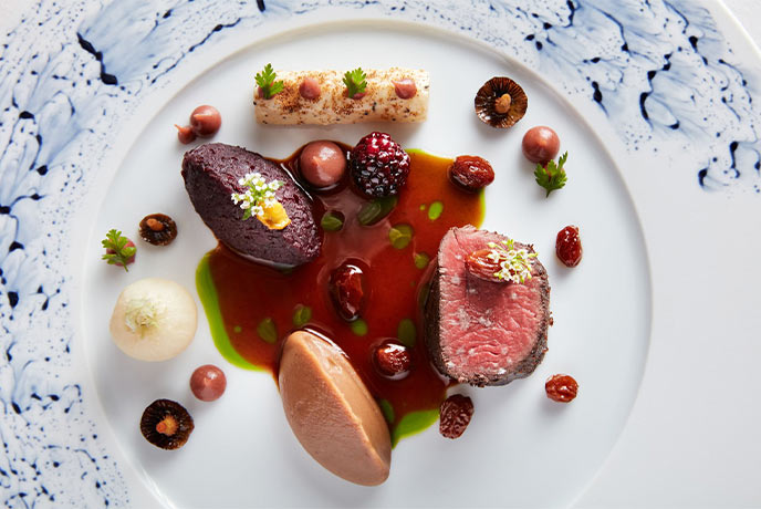 A plate of beautifully presented venison and chestnuts from Lympstone Manor in Devon