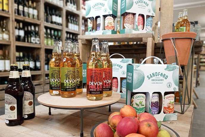 A selection of ciders and wines on sale at Occombe Farm shop in Devon