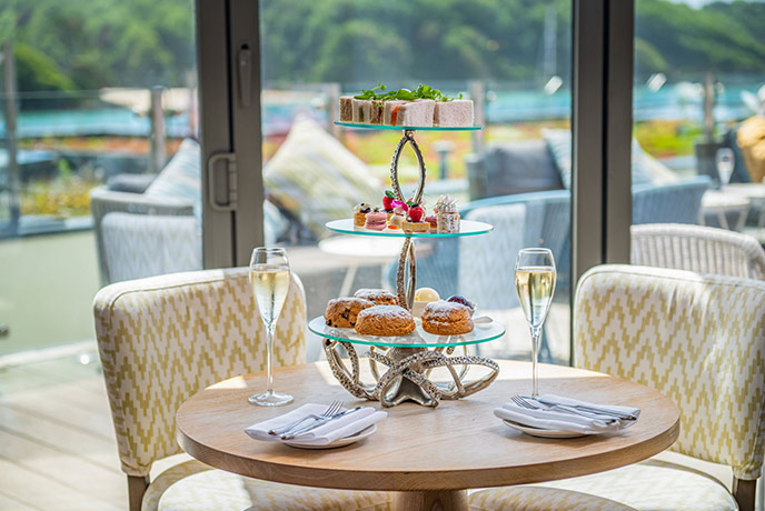 The indulgent afternoon tea overlooking the lawn at the Harbour Hotel in Salcombe