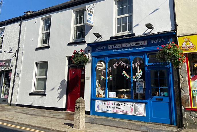 The welcoming shop front of Tj's & Lj's Fish and Chips, one of the best fish and chips in Devon