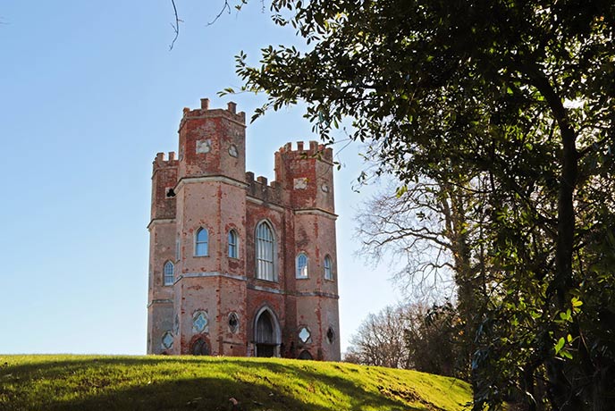 The pink-coloured Belvedere Tower at Powderham Castle in Devon