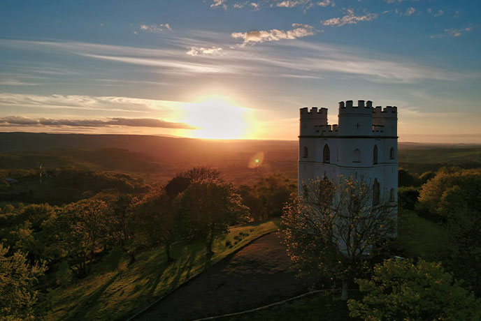 Haldon Belvedere towering above Haldon Forest in Devon at sunset