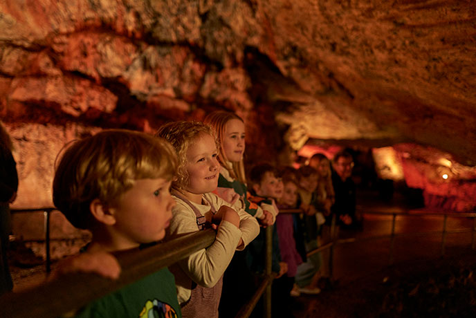 Children looking over a railing at the impressive caves at Kents Cavern in Devon