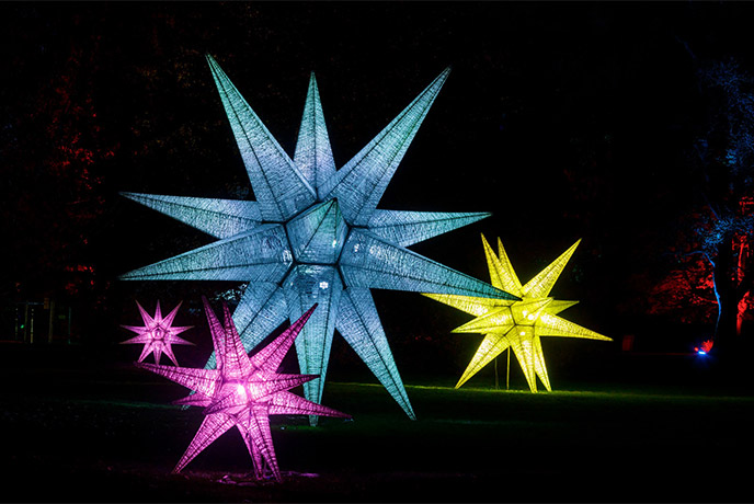 A collection of giant star lights at RHS Garden Rosemoor