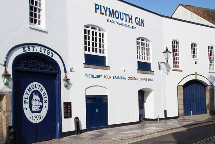 The iconic white and blue exterior of Plymouth Gin
