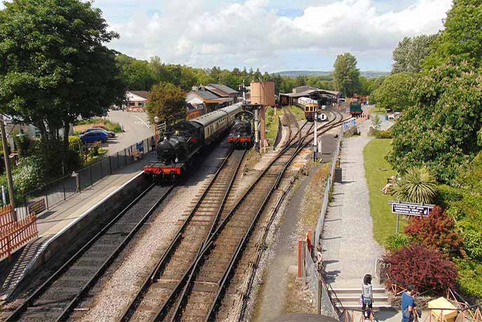 A black steam train pulled in at Staverton Station along the South Devon Railway