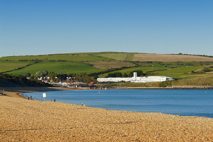 The shingle beach at the dog-friendly Bowleaze Cove in Dorset
