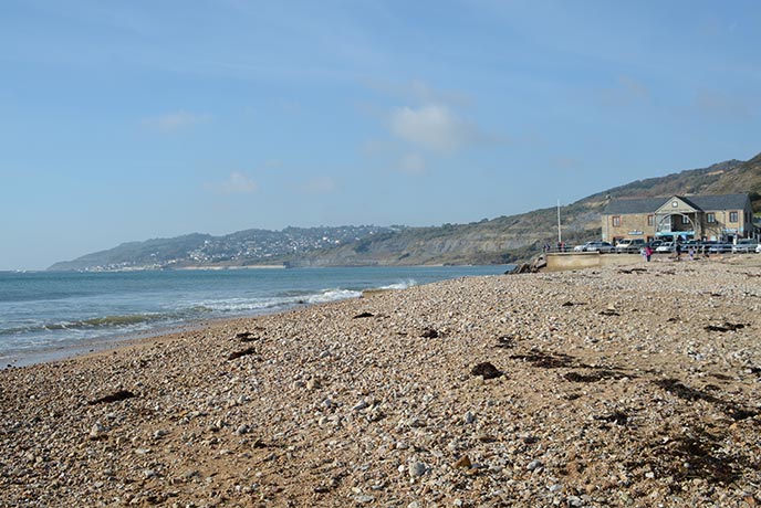 The pebbly beach at Charmouth on the Dorset coast