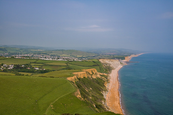 The golden sands and cliffs at the dog-friendly Eype beach in Dorset