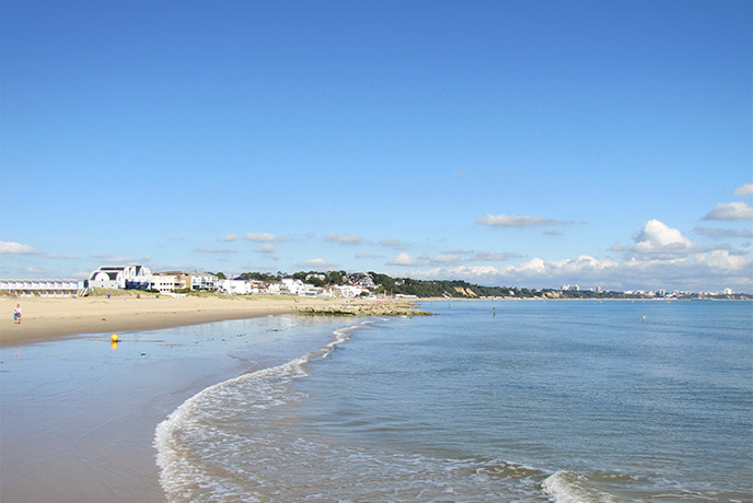 The beautiful golden sands and calm waters at Sandbanks Beach on the Dorset coast