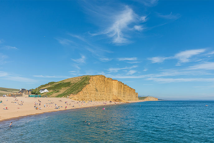 The famous golden beach and cliffs at West Bay on the Dorset coast