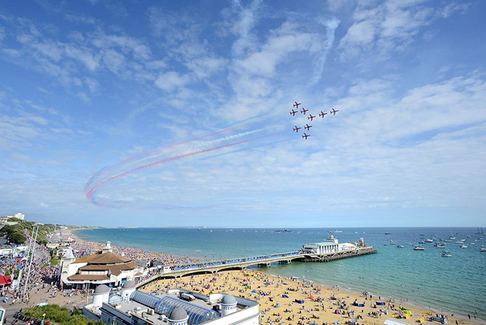 The Red Arrows flying over Bournemouth beach