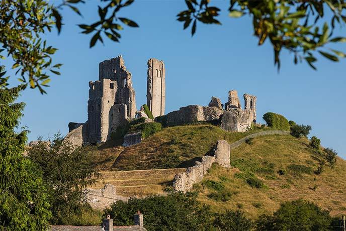 Looking through the trees at the famous ruins of Corfe Castle in Dorset