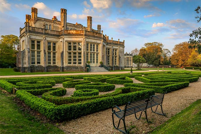 The historic house and maze at Highcliffe Castle in Dorset