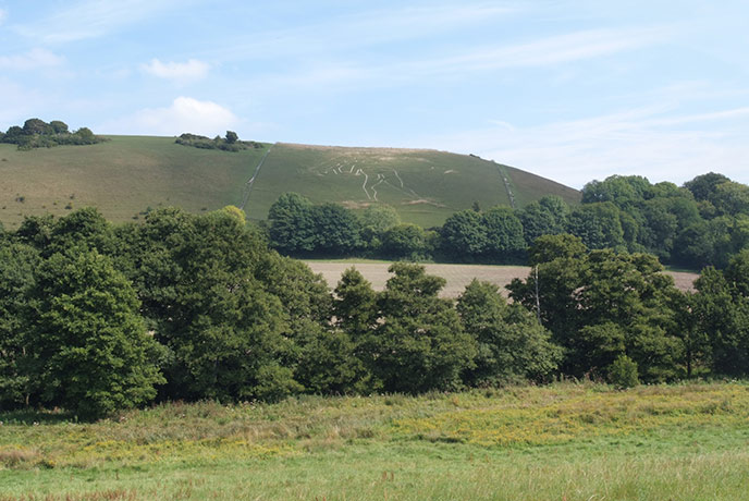 Looking across the valley and the huge chalk figure of the Cerne Abbas Giant