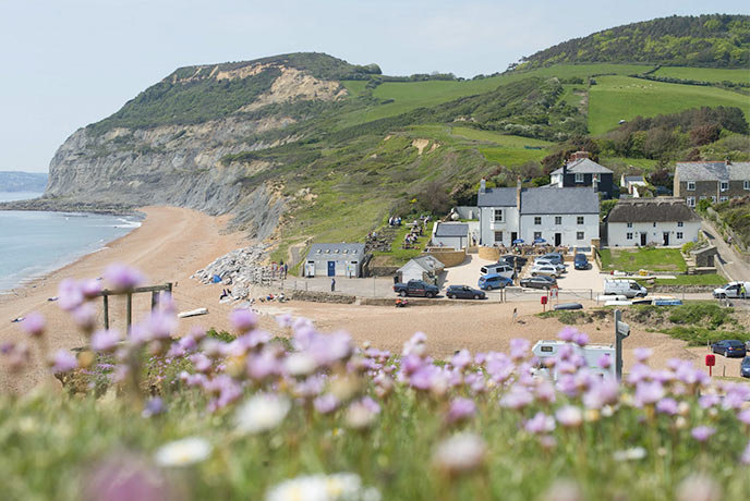 Looking down the cliffs at The Anchor Inn by the beach in Dorset