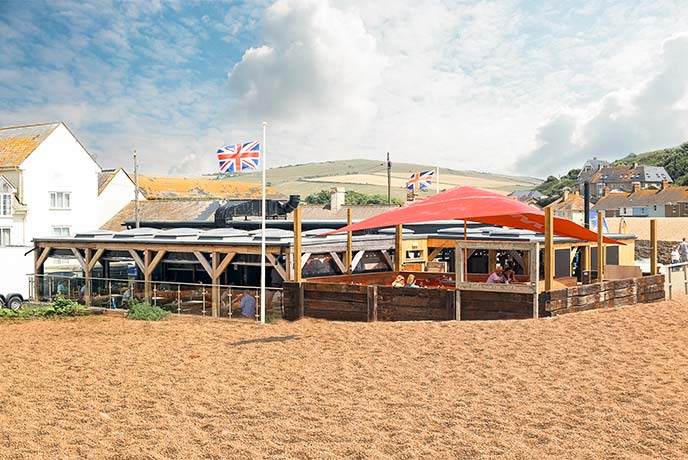 Watch House Café next to the golden sand a shingle beach at West Bay in Dorset