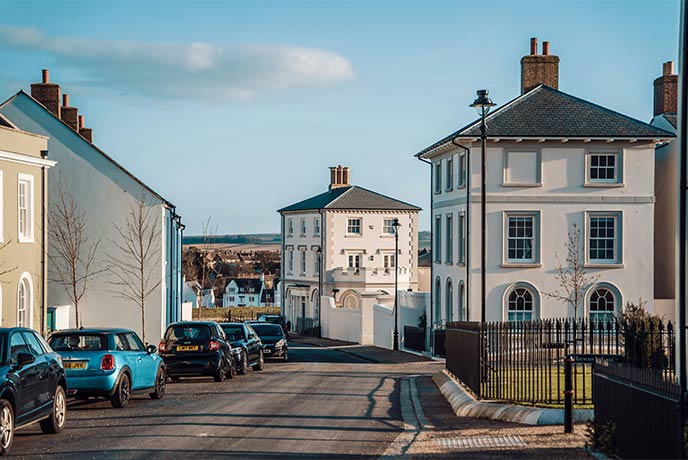 Beautiful traditional buildings in Poundbury in Dorchester