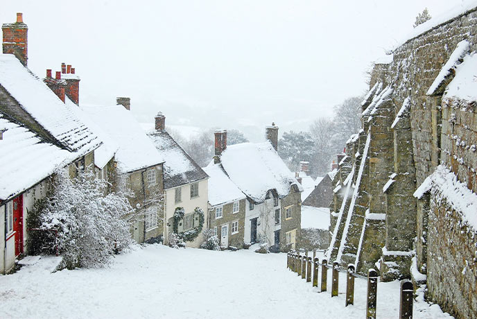 The famous street in Shaftesbury covered in snow at Christmas