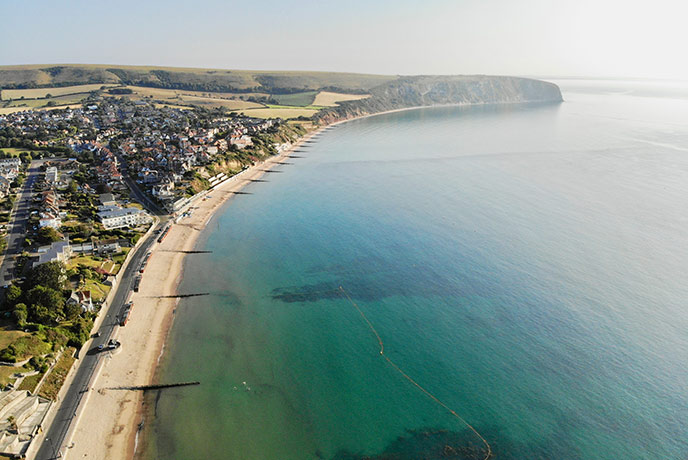 Looking down at the beach and sea at Swanage in Dorset