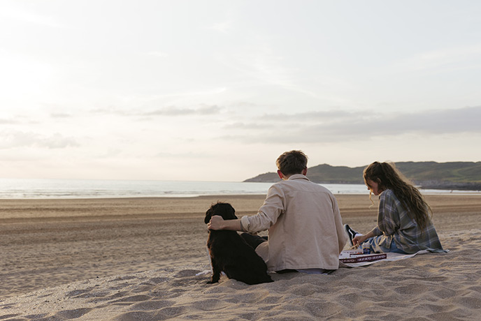 A couple and a dog watching the sunset