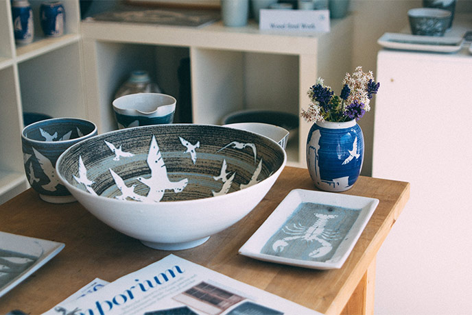 A selection of coastal inspired pottery at Tregear Pottery on the Isle of Wight