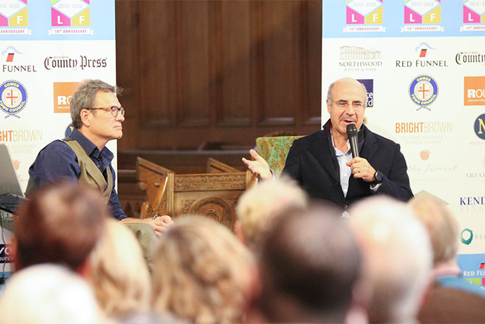 Two people giving a talk at the Isle of Wight Literary Festival