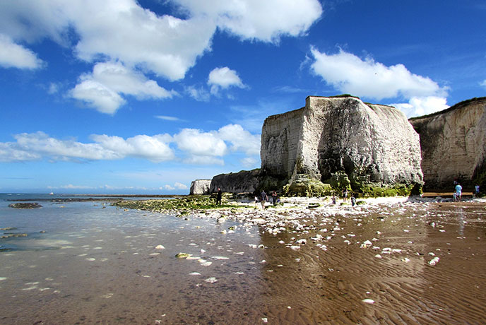 The famous white cliffs and stone stacks at Botany Bay in Kent