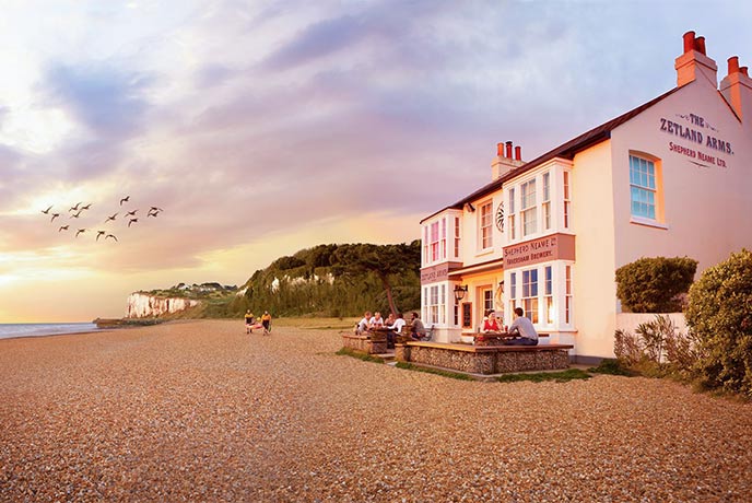 The incredible pub The Zetland Arms perched right on the beach in Kent