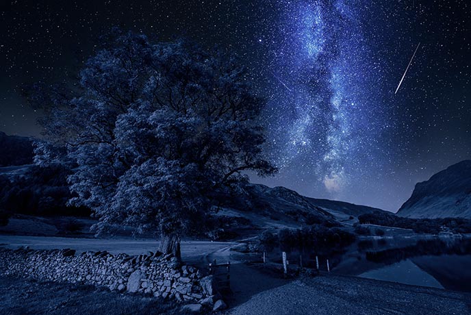 Dark skies studded with stars above the Lake District