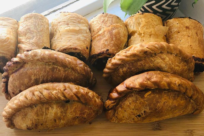 A selection of Cornish pasties and sausage rolls at St Agnes Bakery