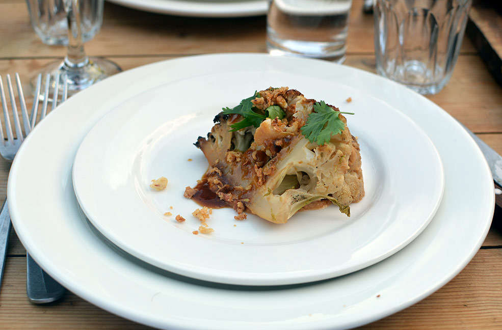 Roasted cauliflower in miso satay and onion caramel for starter.