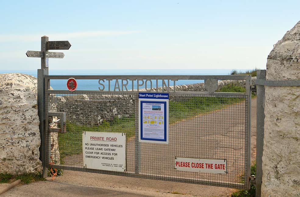 The entry gate from the car park to Start Point Lighthouse and Great Mattiscombe sands.