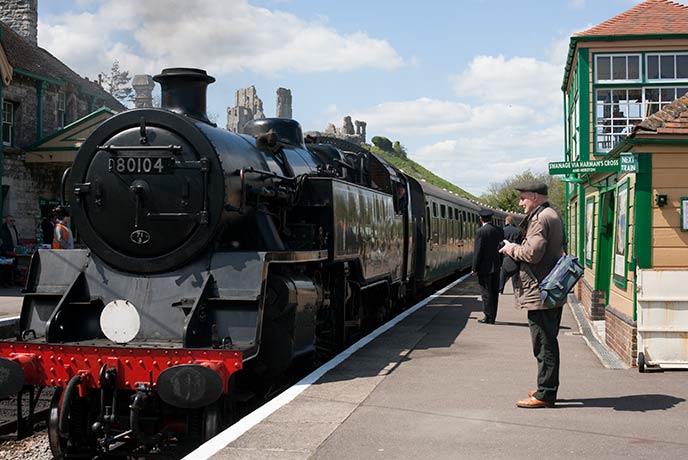 Hop aboard a steam engine and cruise through the Dorset hills from the Swanage railway.