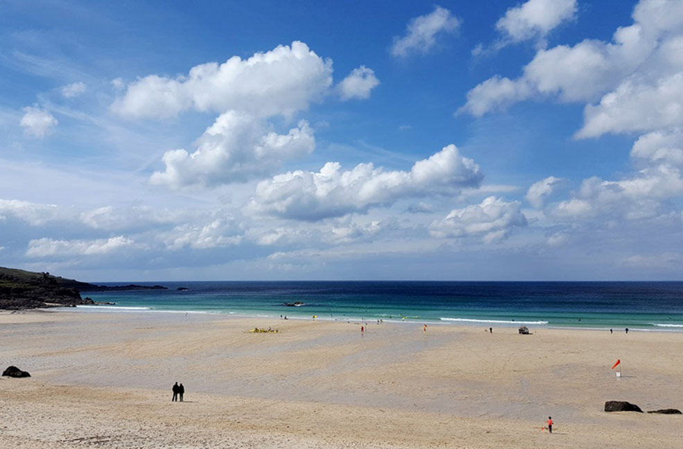 Porthmeor beach in Cornwall backs on to the Tate St Ives and looks out on to the Atlantic Ocean.