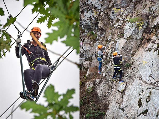 The wire bridge and climbing around quarry two at Via Ferrata Cornwall