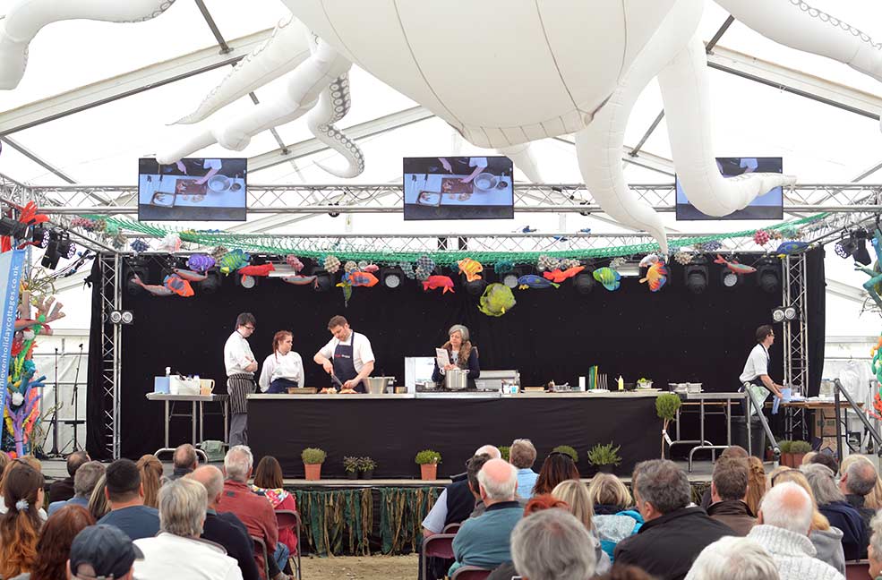 One of the many cooking demonstrations in the Shipyard tent at Porthleven Food Festival.