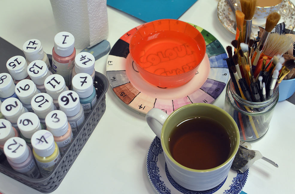 Enjoying a cup of tea while learning how to blend and layer our paints.