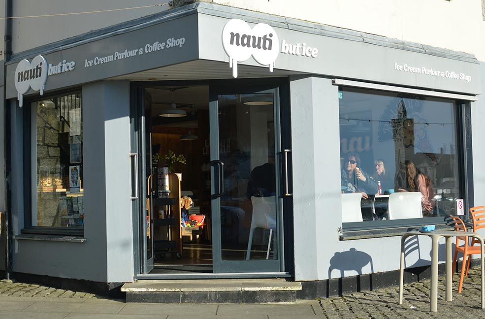 Nauti But Ice is a popular coffee shop and ice cream parlour on Porthleven harbour.
