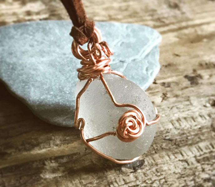 A beautiful copper necklace using sea glass from Cornish beaches.