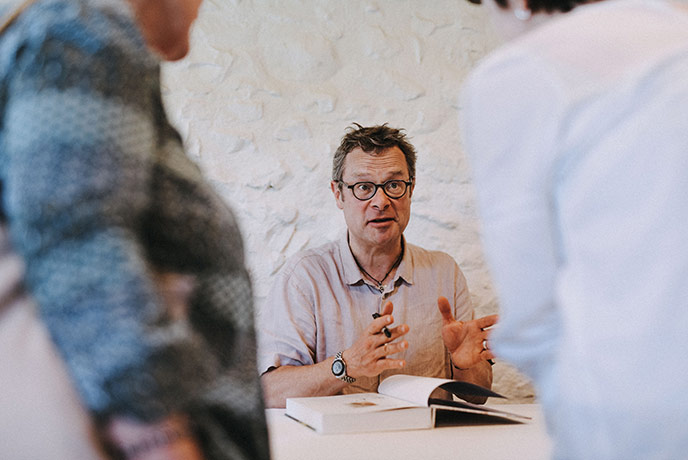 Hugh chatting to visitors to the River Cottage Food Fair.