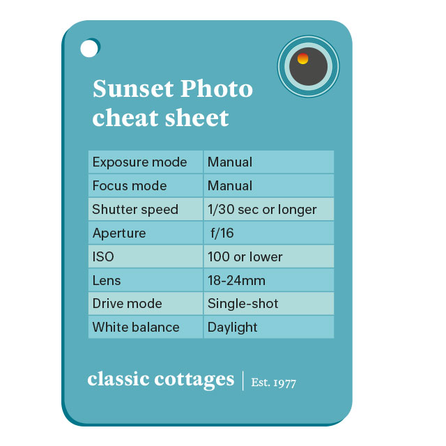 Classic Cottages sunset photography cheat sheet