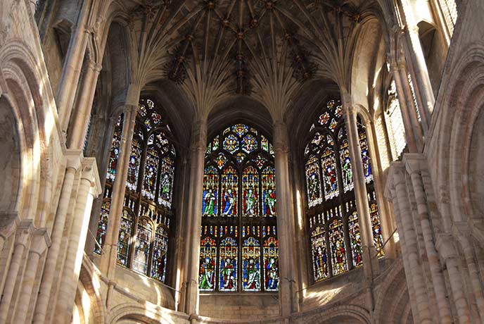 The impressive stained glass windows in Norwich Cathedral in Norfolk