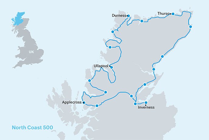 A map of the North Coast 500 in Scotland