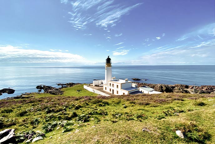 The beautiful white Rua Reidh Lighthouse near Gairloch on the NC500